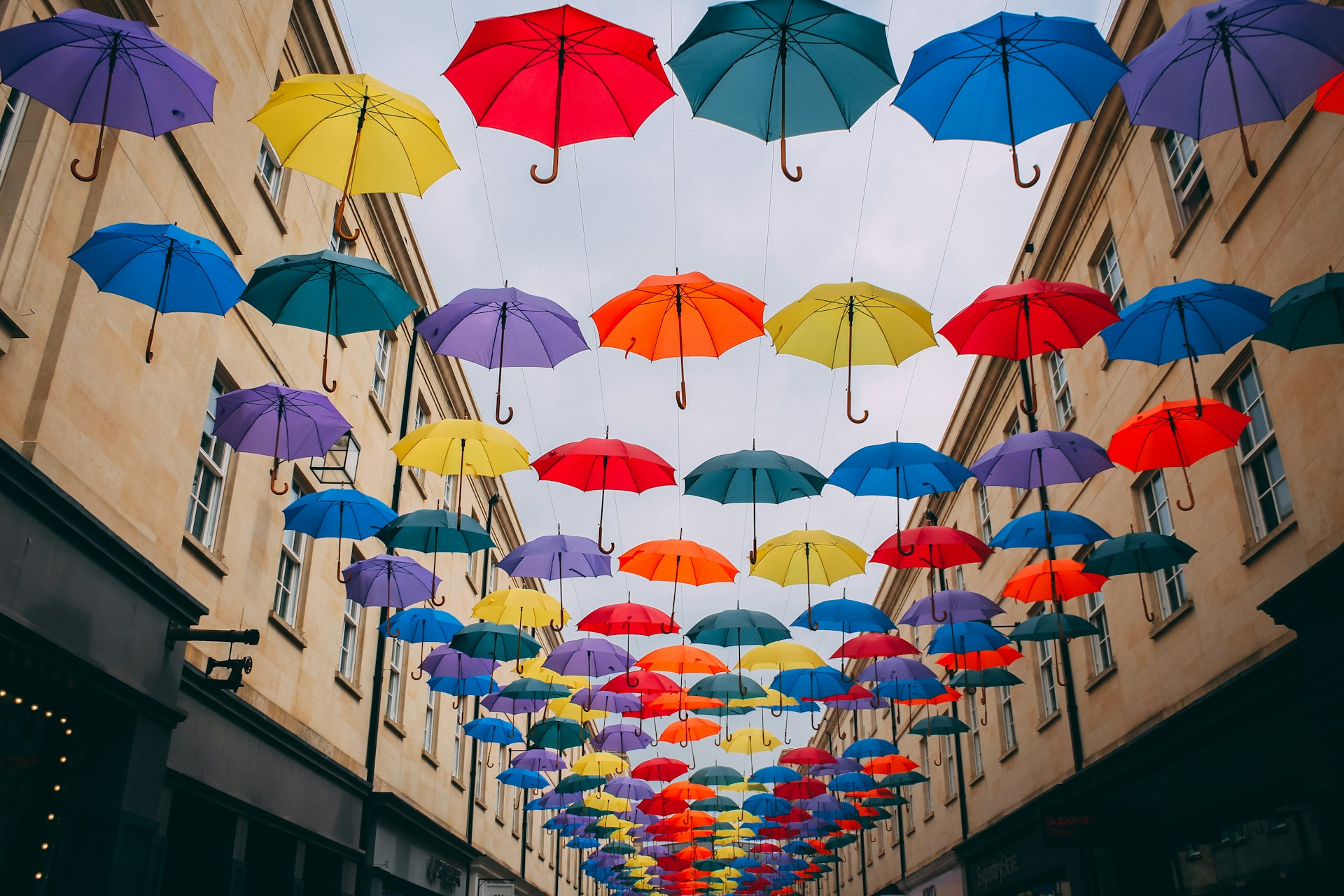 assorted-color floating umbrella lot near building